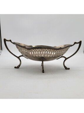 Antique Silver-Plated Reticulated Cake Basket With Scalloped Edges & Ornate Hand